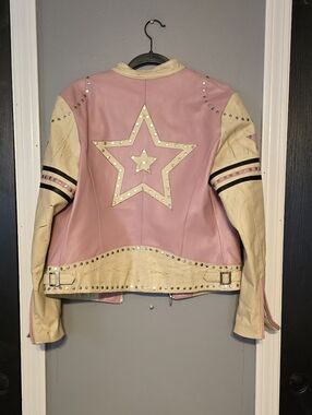 Wilsons Leather Pink and Cream Star Appliqué Studded Leather Jacket